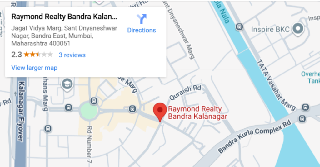 “Raymond BKC location map highlighting proximity to key Mumbai business hubs and key locations.