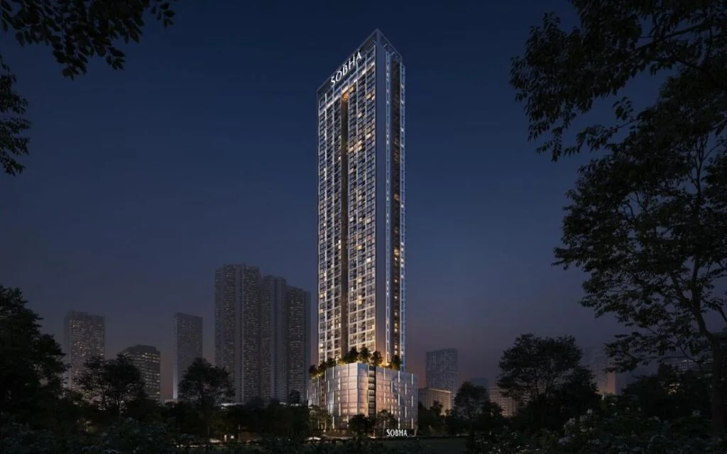Detailed view of the building elevation highlighting the project's modern architectural design.