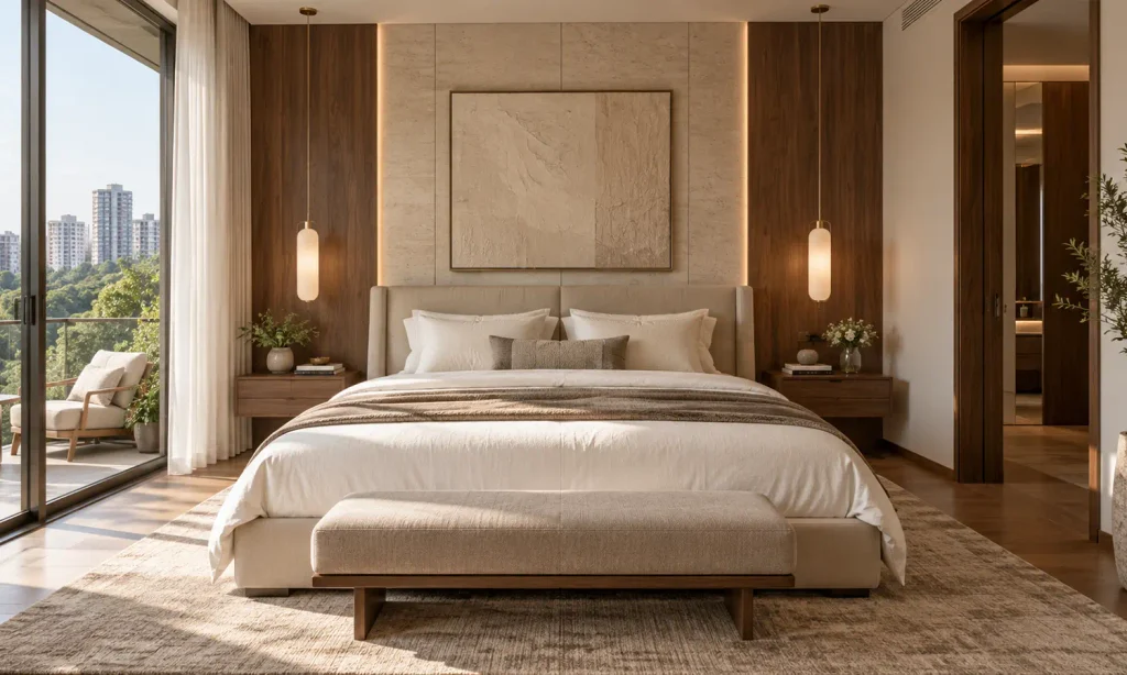 Elegant bedroom interior representing the residential lifestyle at Hines Powai.