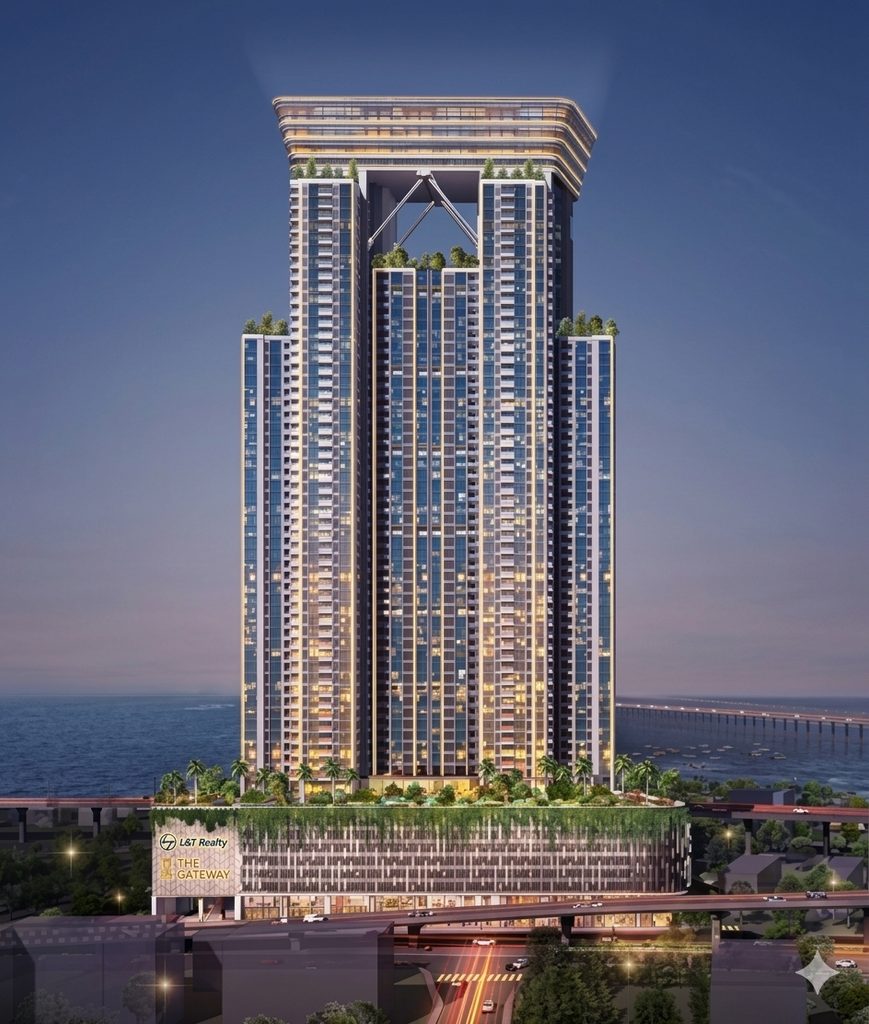 View of the residential tower building at L&T Gateway Sewri in Mumbai.