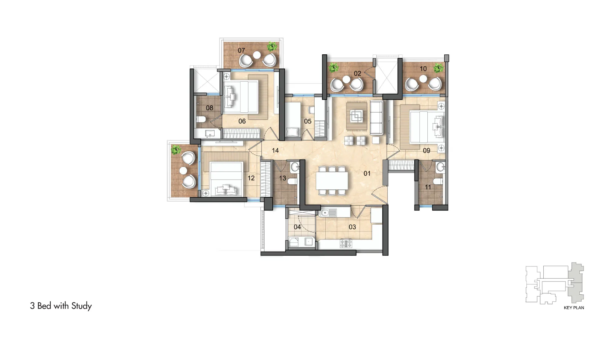 Lodha Lumis 3 bed with study apartment floor plan